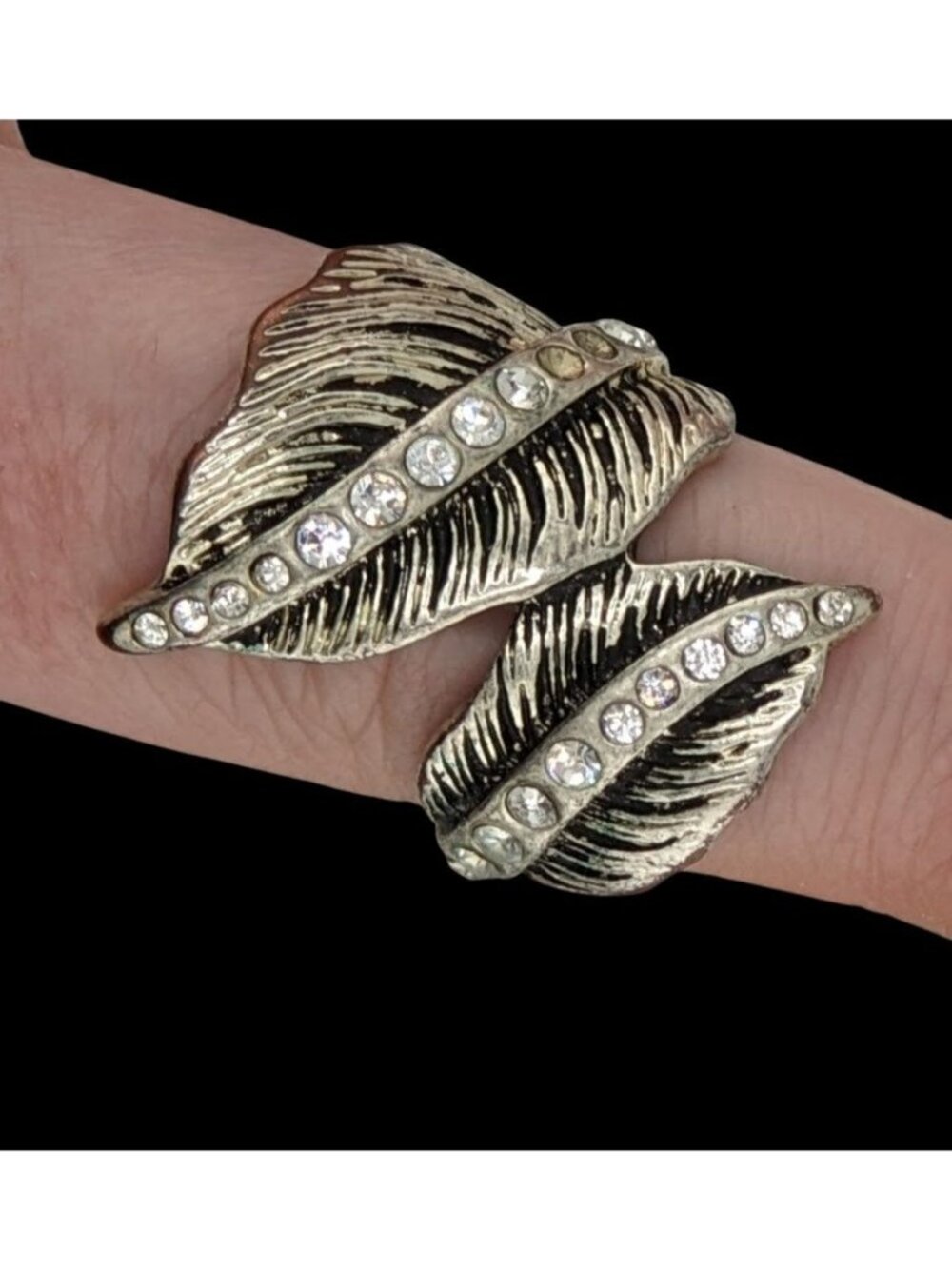 Fairycore Elvish Fantasy Antiqued Silver Tone Leaf Ring With Rhinestones Adjusta